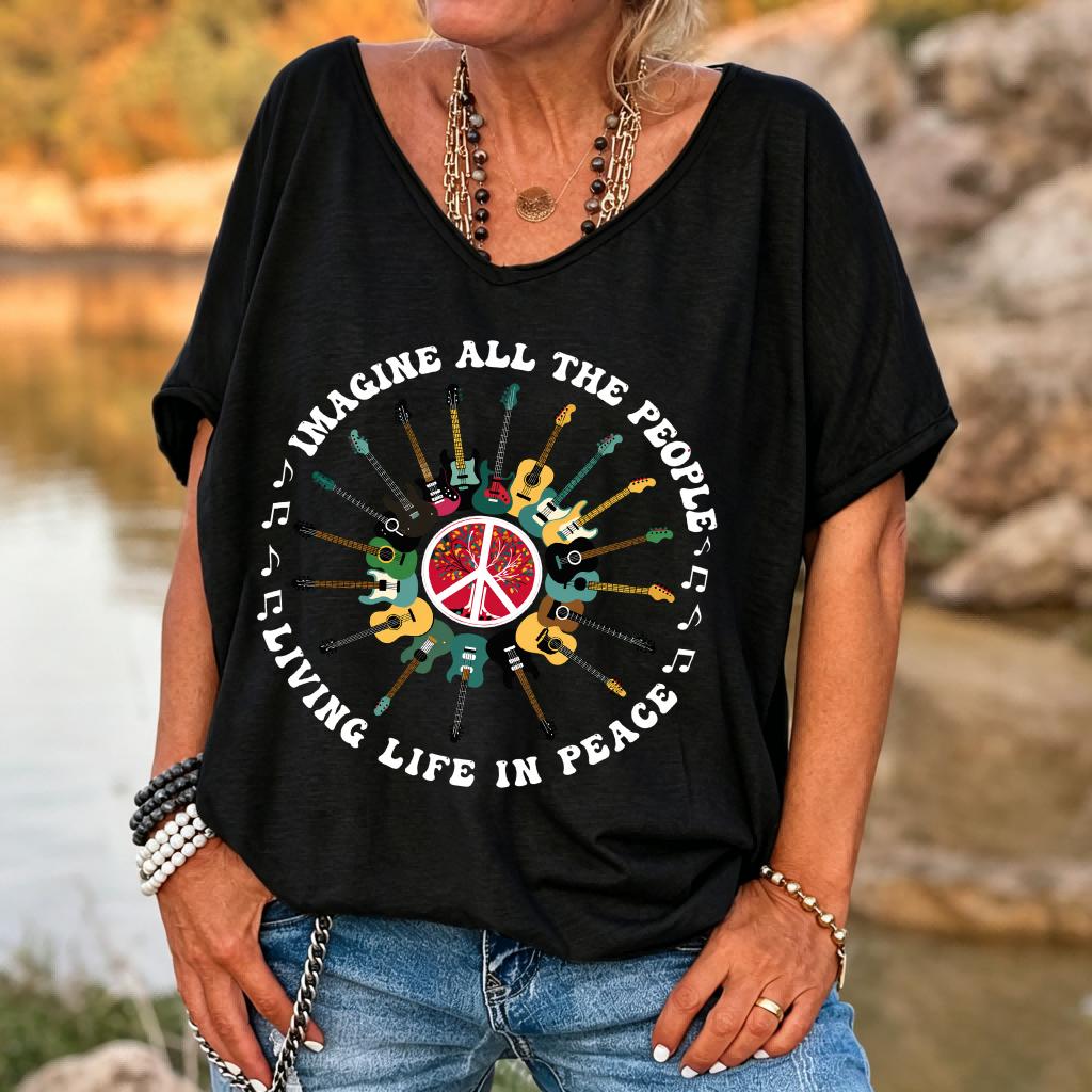 Ilstile Damen Imagine All The People Gitarre Frieden T-Shirt Retro Hippie Musikdruck V-Ausschnitt Lockerer Schnitt Lässiges Sommer Oberteil