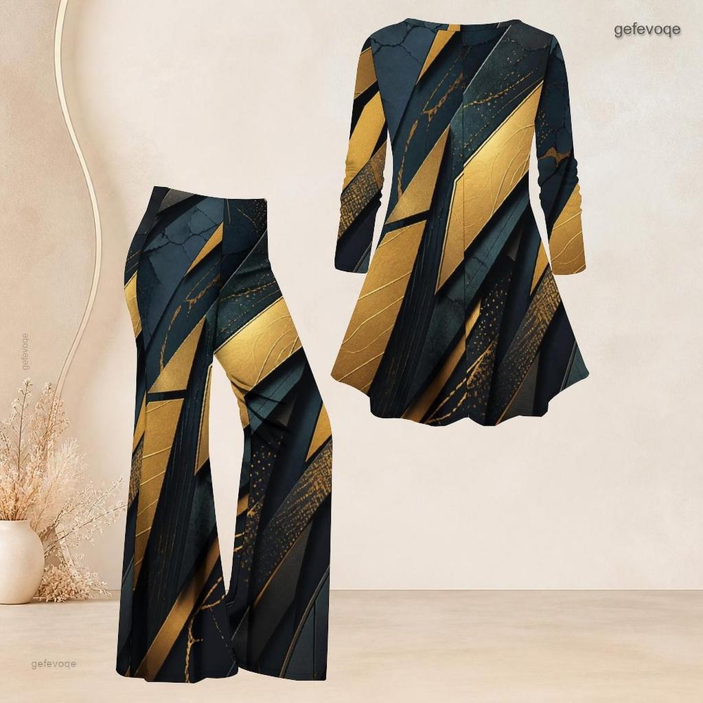Damen Plus Size Zweiteiler V-Ausschnitt Langarm Bedrucktes Ausgestelltes Oberteil Ausgestellte Hose Schwarz Blau