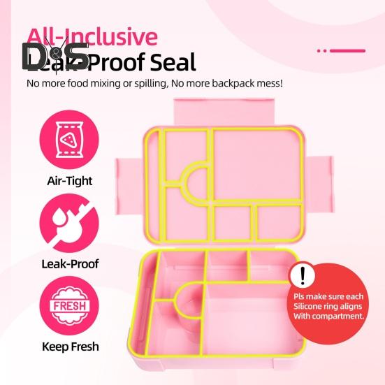 Bento lunsjboks lekkasjesikker 6-roms lunsjboks med skjegaffel sauskopp BPA-fri matbeholder for skolesnackbeholder
