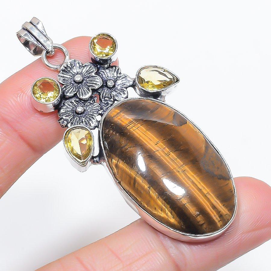 Natural Tiger Eye, Citrine 925 Sterling Silver Jewelry Pendant 2.56" W7L86