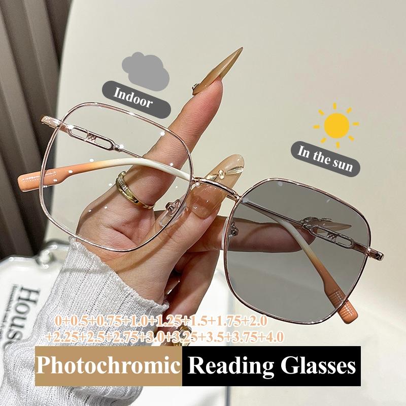 Stylish Oversized Frame Photochromic Lens Reading Eyeglasses Women Anti-UV Sunglasses Blue Light Blocking Prescription Lenses Diopter+2.25