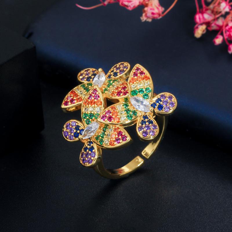 J0112 Popular Women'S Ring Elegant Temperament 3A Color Zircon Flower Ring Adjustable