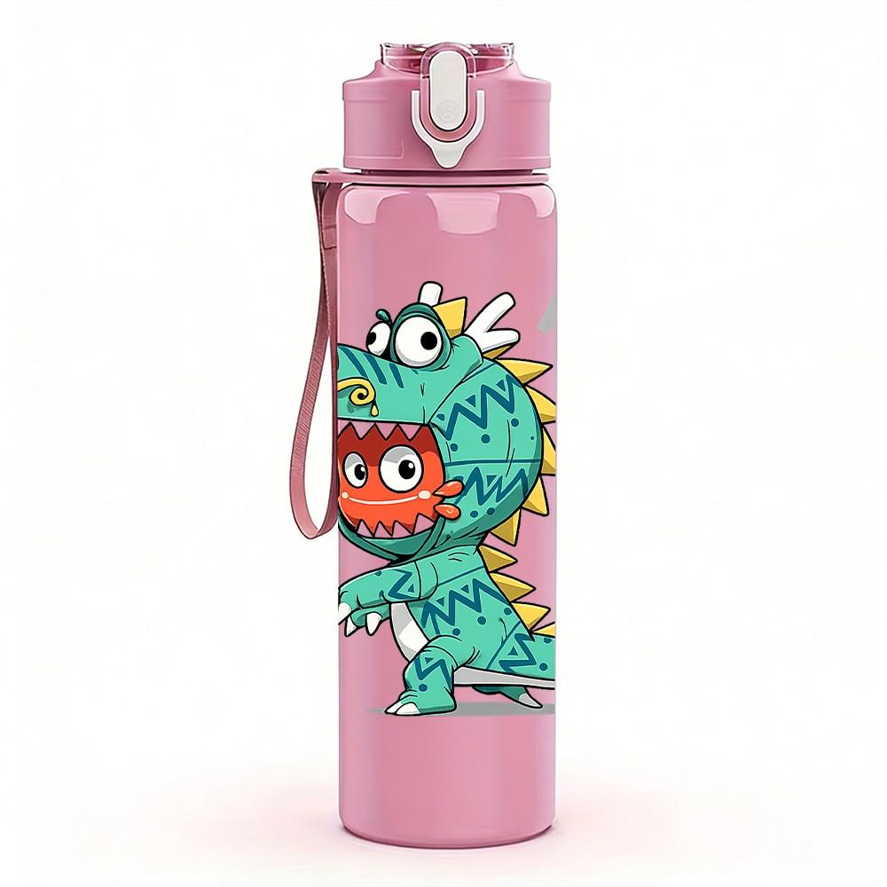 1PC Little Dinosaur Cartoon Character Print 750ml Color Plastic Sports Water Bottle Leakproof Flip Straw Lid Suitable for Sports Office Home Use