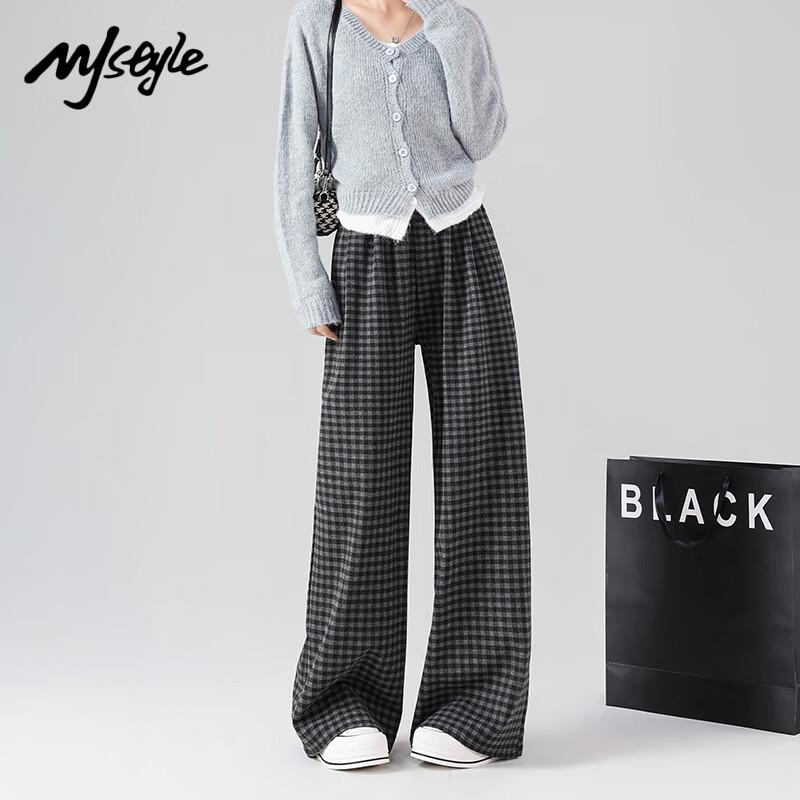 MJ STYLE Women's Retro Plaid Wide-Leg Casual Pants