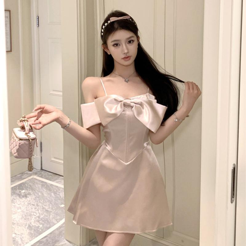 French Suspender Dress Female Summer High Sense Socialite One-word Shoulder Bow Birthday Dress Princess Tutu Dress