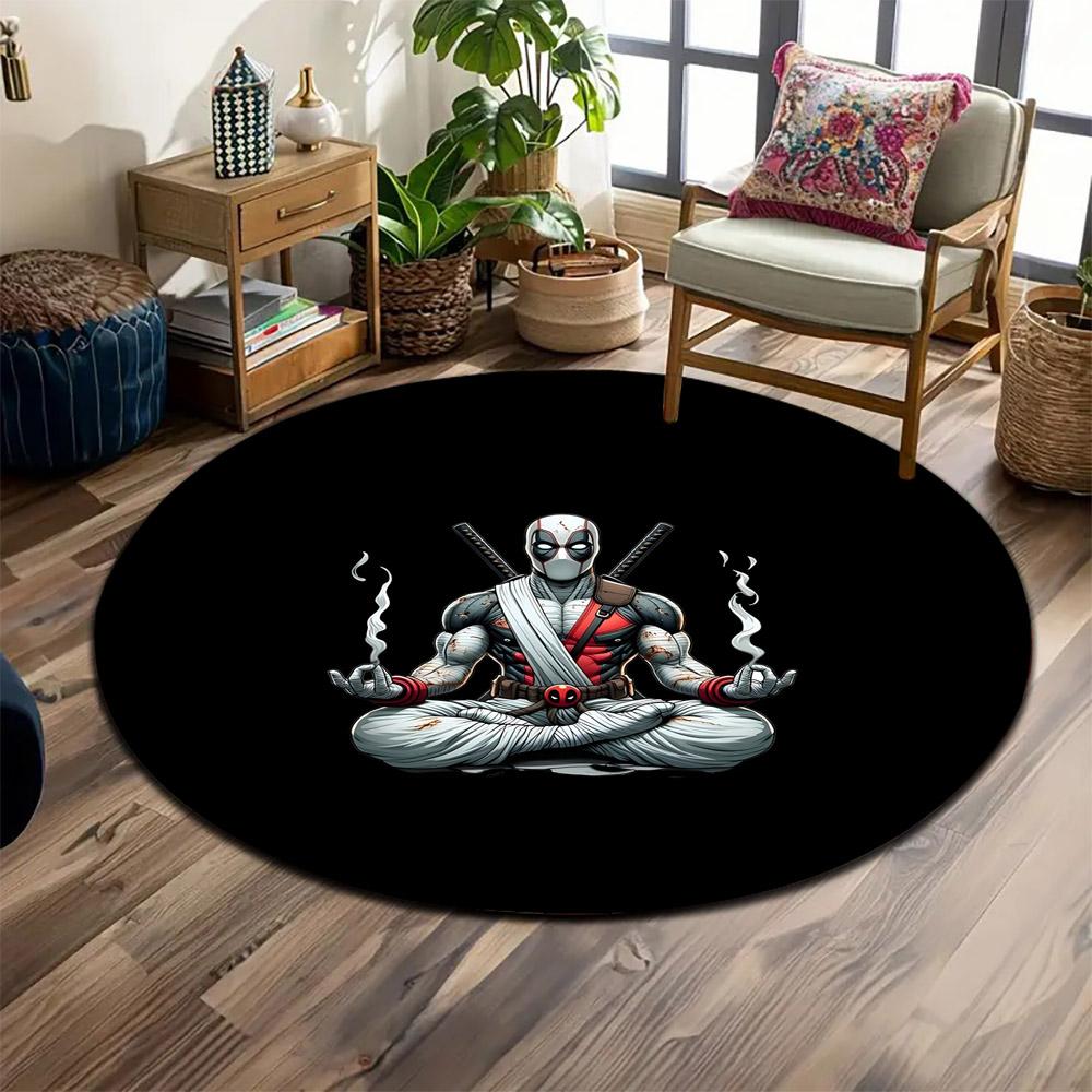 Round Rug Deadpool Meditating Yoga Cross Legged Katanas Smoke Funny Superhero Circular Rug for Game Room Wall Decor