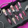 Press-On Nails Women Handmade Purple Red Leopard Ombre French Style Acrylic Tips Long Almond Shape Ultra-Thin Seamless Fit