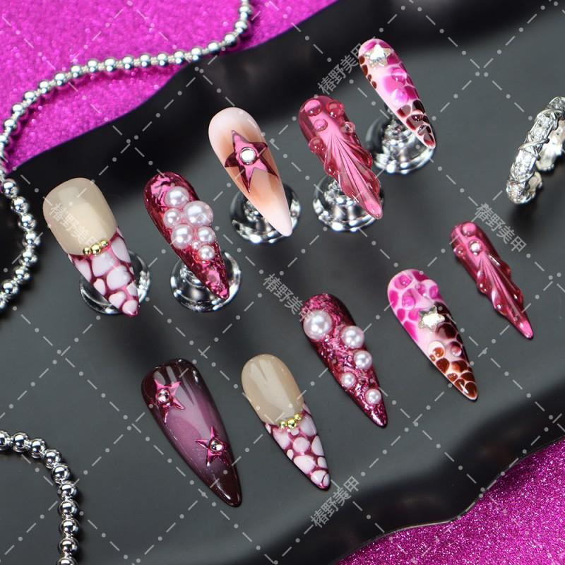 Press-On Nails Women Handmade Purple Red Leopard Ombre French Style Acrylic Tips Long Almond Shape Ultra-Thin Seamless Fit