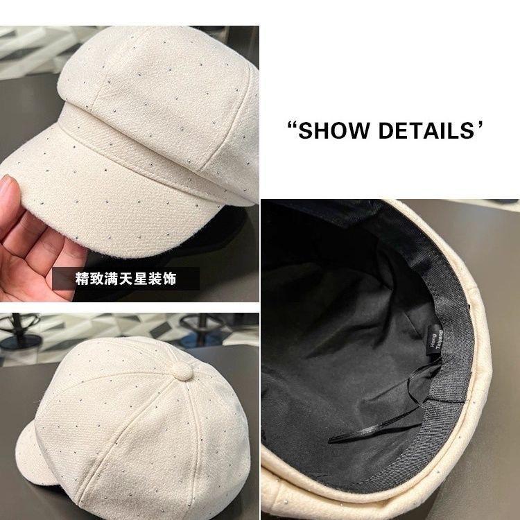 Retro Versatile Duck Tongue Beret Painter Heavy Industry Rhinestone New Octagonal Hat Children Show Elegant Temperament