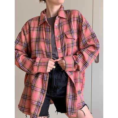 Rosa karierte Hemden und Tops für Damen, Street Wear, Gingham, lässig, langärmelig, einreihiges Oversize-Shirt für Damen