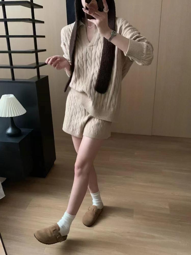 Winter Casual Loose Fit Tracksuit Oversized Pullover Long Sleeve Knitted Sweater Suit High Waist Shorts Two Piece Set Women Clothing