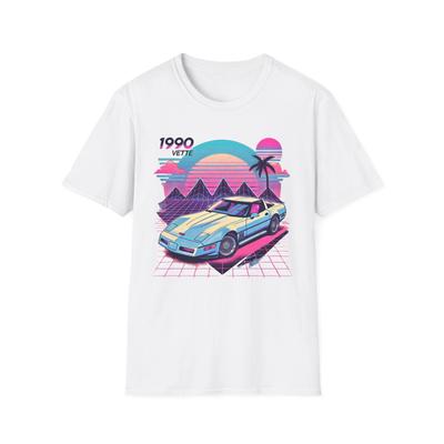 1990 Corvette C4 Retro Vaporwave Neon Grid Palm Tree Sunset Graphic T-Shirt