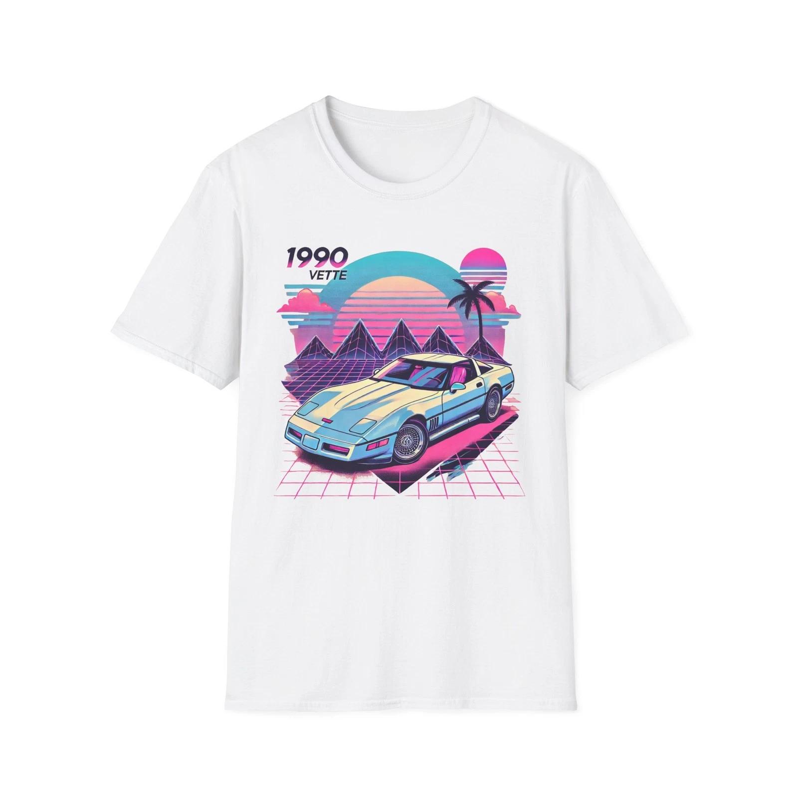 1990 Corvette C4 Retro Vaporwave Neon Grid Palm Tree Sunset Graphic T-Shirt XXL