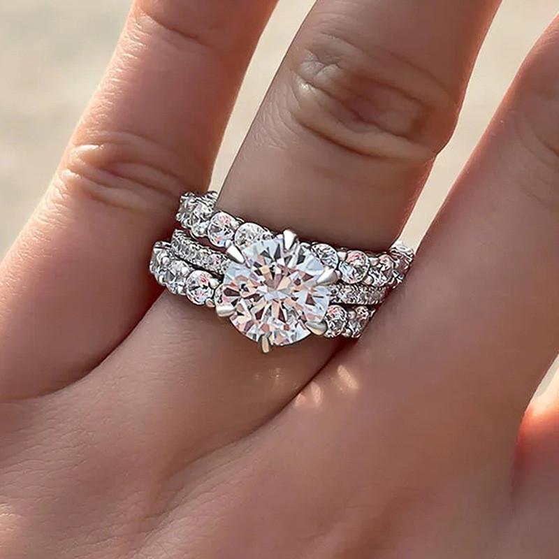 Classic Sterling Bridal Rings Women for Wedding Brilliant White Cubic Zirconia Trend 3Pcs Female Rings Jewelry