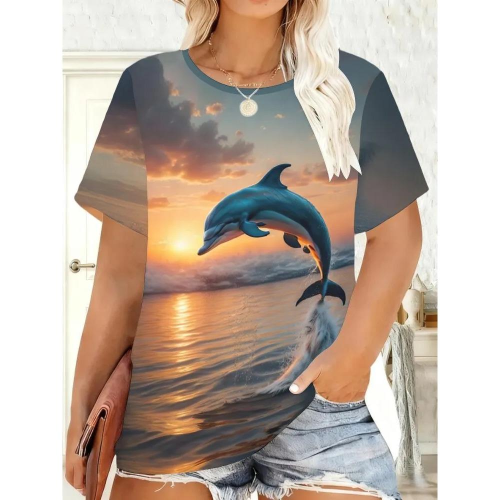Ocean Theme 3D Printed Short Sleeved T-shirt Fashionable Comfortable Soft Breathable Large Loose Summer Womens T-shirt