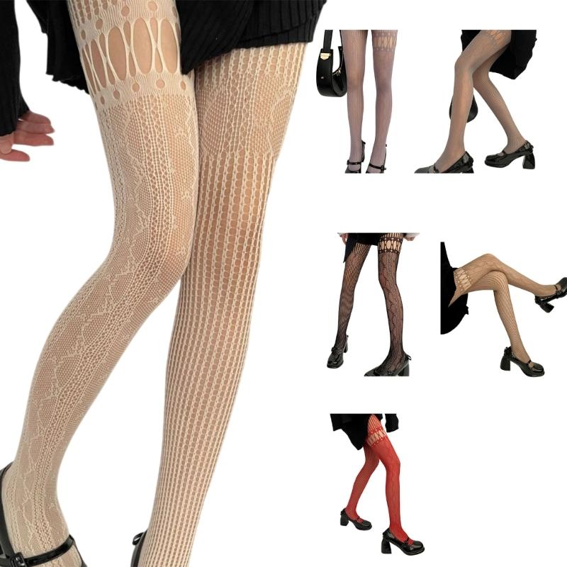 Women Aesthetic Sexy Hollowed Fishnet Lace Pantyhose Asymmetrical Spliced Striped Patterned See Through Tights Stockings