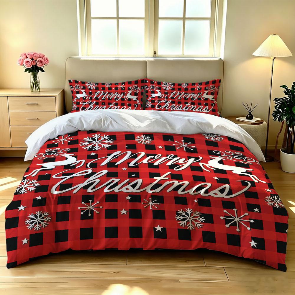 3pcs Set(1 Bedspread + 2 Pillowcases) with Christmas Red and Black Plaid Snowflake Reindeer Decorative Fabric Home Decoration