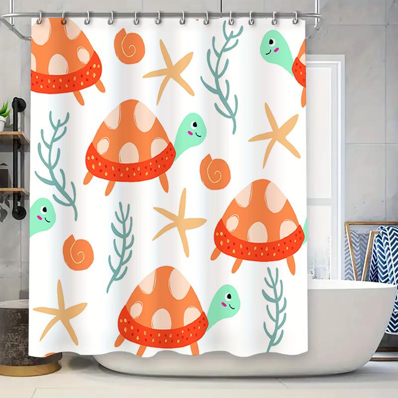 

Adorable Turtle Coral Shower Curtain Fun Beach Decor For Bathroom Orange Green White Fabric Waterproof Shoji Panel Drapes Set Ho W60H190(CM)-1 Pcs