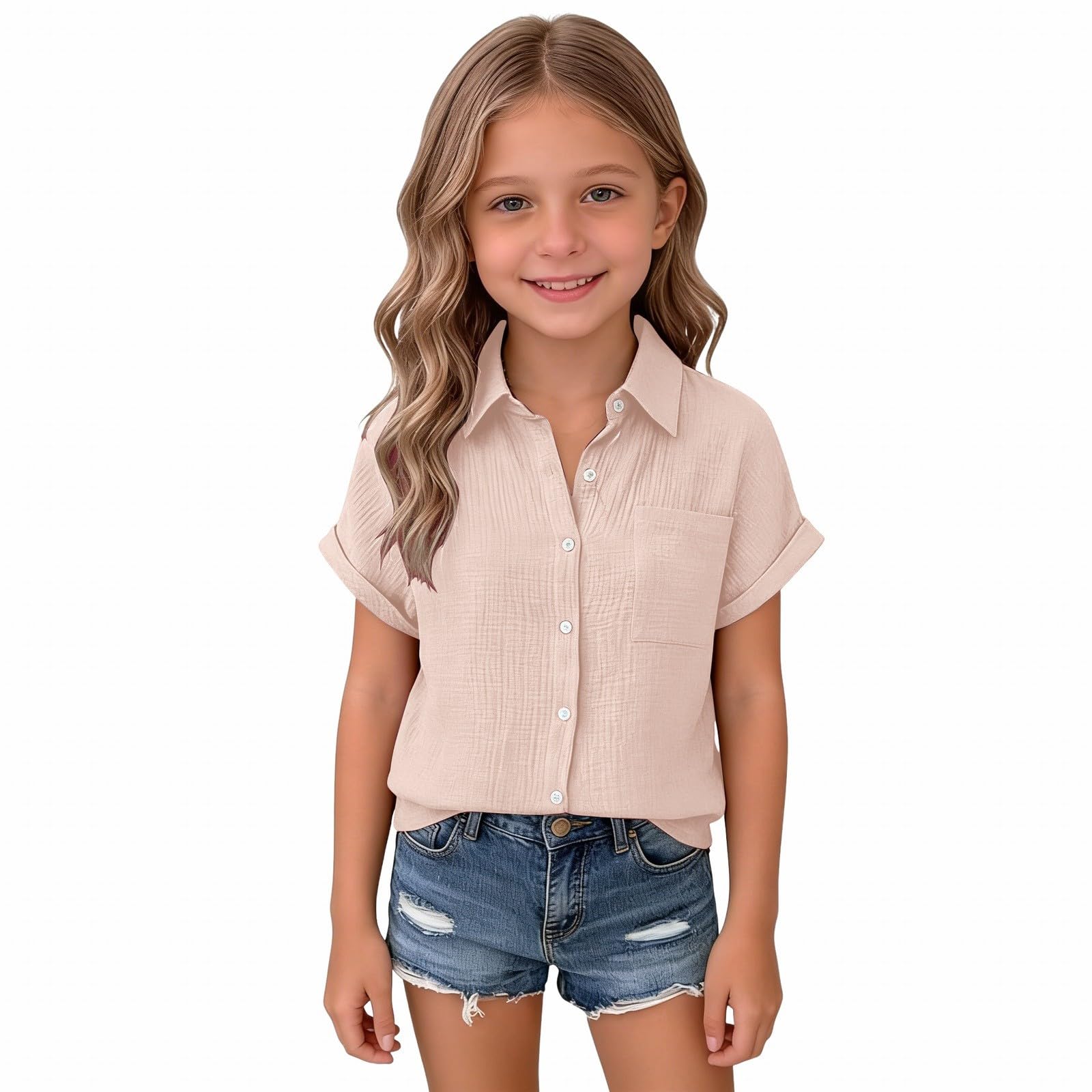 Girls  Linen V-Neck Short-Sleeve Shirt Summer Lightweight Beach Top 120 розовый