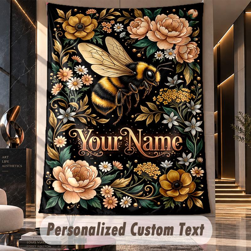Bee Artwork Theme Wall Tapestry Customized With Name Text Personalized Hanging Tapestry For Bedroom Living Room Decor
