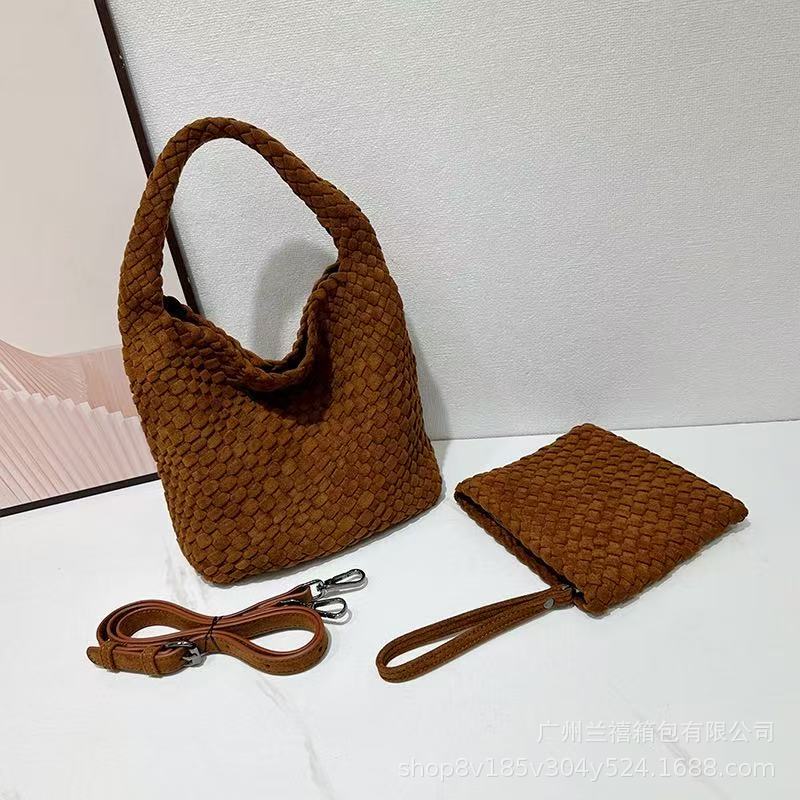 Premium Suede Matte Hand-Woven Bag Large Capacity Shoulder Tote Bag Underarm Bucket Bag Mother And Child Bag 28*14*30