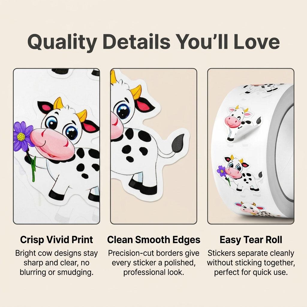 500Pcs/Roll Cute Hard-Working Cows Stickers 2.5cm/1.0'' 8 Designs Decals Diy Adorn Gifts Packaging Home Decoration Sealing Label