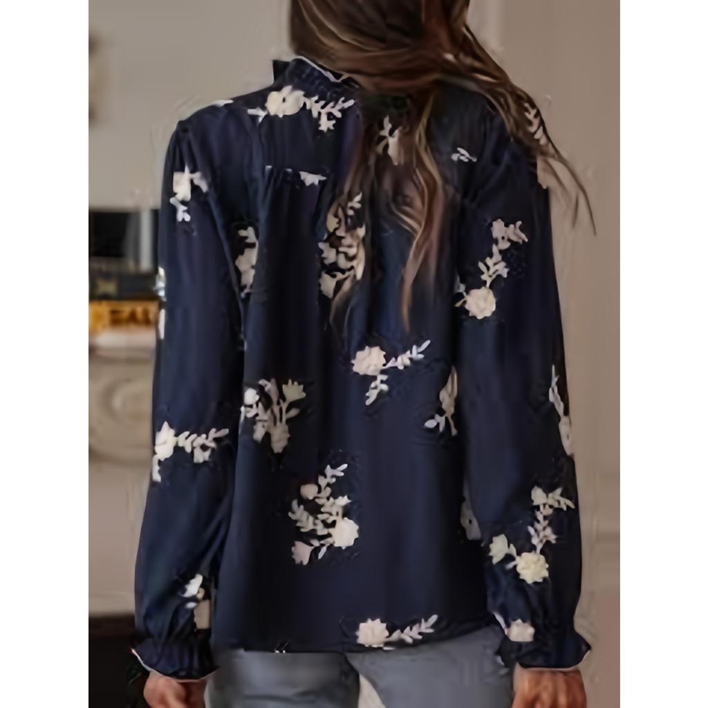 Fall Winter Women's Long Sleeve Printed Blouse, Turn-down Collar Lantern Sleeve Shirt, European American Style Outerwear Crossborder Top