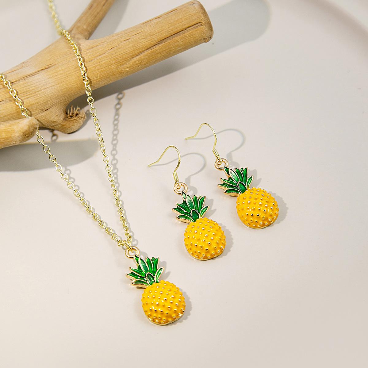 Small Fresh Fruit Pineapple Necklace Set with Sweet Temperament and Versatile Earrings 50CM(Necklace Size)