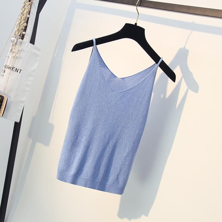 

Slim Sleeveless Sling V-neck Casual Summer Sexy Silk Knit Vest T-shirt for Women One небесно-голубой