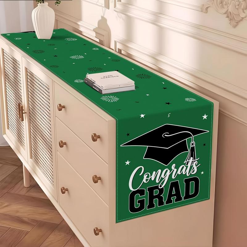 Congrats Grad Graduation Table Runner with Cap Stars Fireworks Pattern