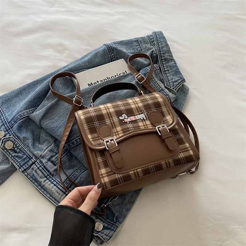 College style plaid backpack female autumn new dachshund dog student class handbag retro backpack