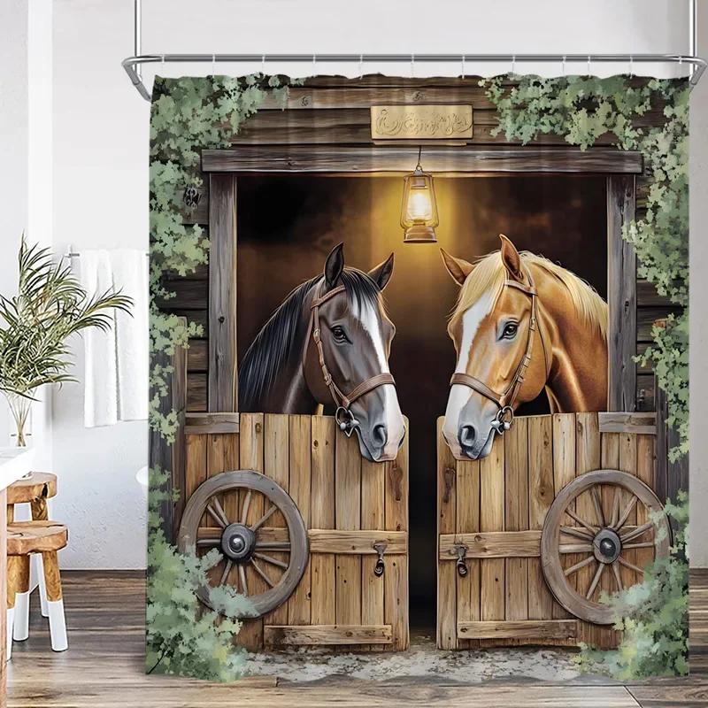 

Western Barn Horse Shower Curtains Sunflower Lavender Floral Farmhouse Wooden Door Farm Animal Bathroom Curtain Decor With Hooks W60H190(CM)-1 Pcs