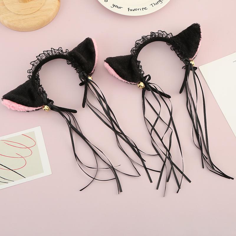 Sladká čelenka s třásněmi Divoká kočka: Dámské Lolita Kočičí uši s měkkou krajkou a zvonkovými sponkami