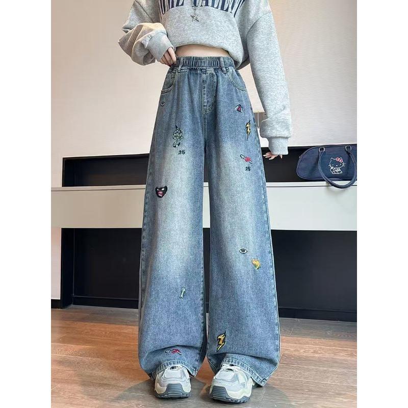 

Cartoon Embroidered Women s Pants High Waisted Slimming Women New Jeans Wide Legged Ladies Casual Cute Trousers M