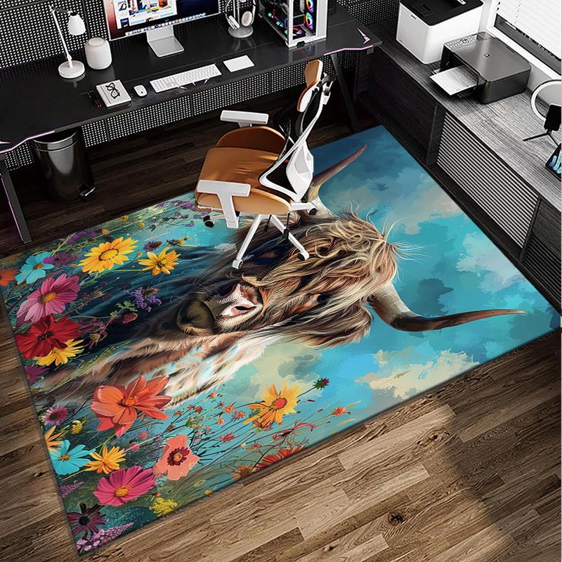Cow In Flower Field Office Rug Chair Mat, Entryway Carpet, Suitable for Front Door, Bedroom, Living Room, Desk, Holiday Gift
