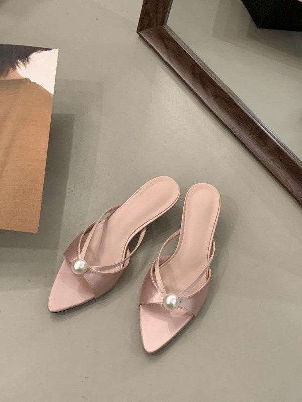 

Fairy wind word with pearl decoration open toe half slippers female with skirt tip wear thin heel sandals 40