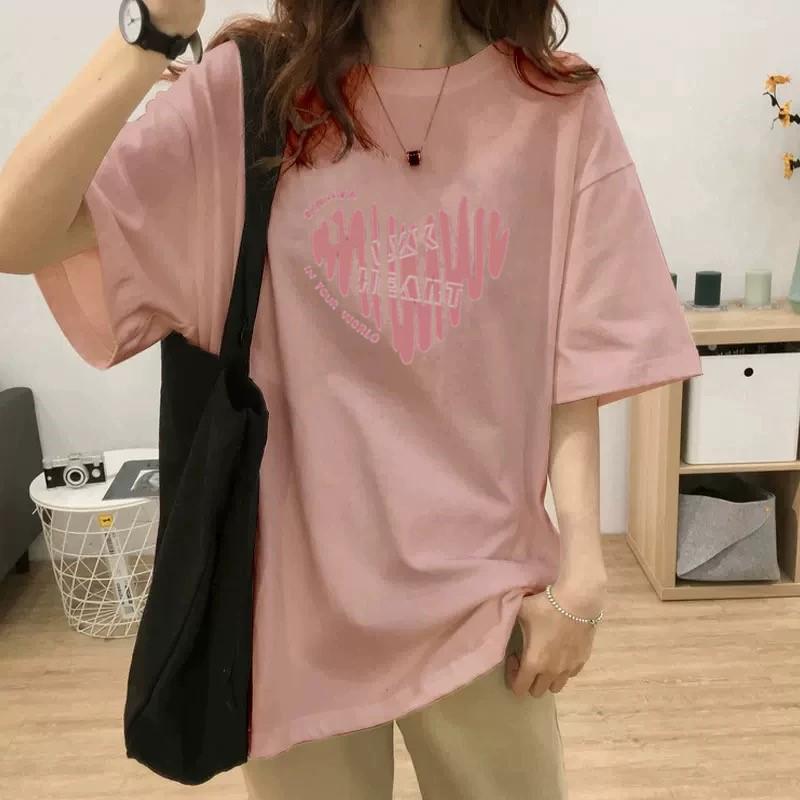 Plus Size Cotton T-Shirt - Women's Summer Short Sleeve Pink Heart Mid-Length Loose European Style
