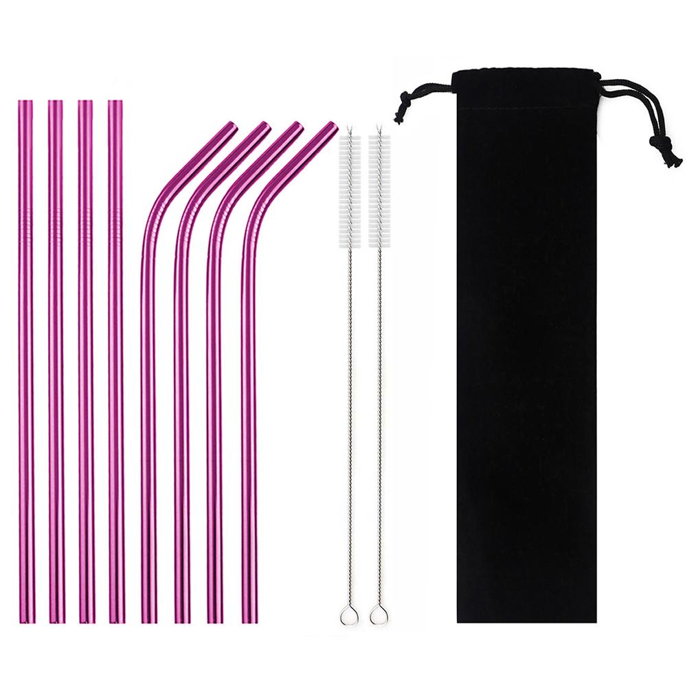 Metal Drinking Straw 304 Stainless Steel Colorful Straws Reusable Bent Straight Straw Set With Cleaner Brush Bar Party Accessory