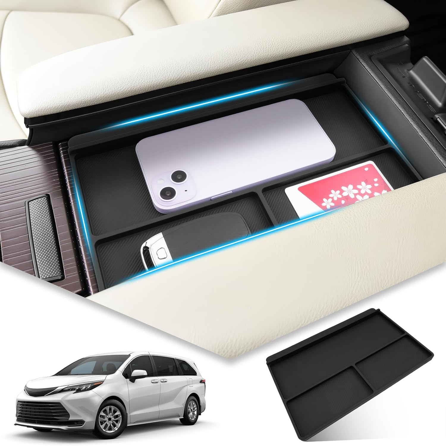 

BIBIBO for 2025 Toyota Sienna Non-Slip Storage Mat for Armrest Box 2022-2024 2025 Toyota Sienna Center Console Organizer Tray Silicone Anti-Slip Black-A