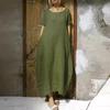 Løstsittende bomullslinskjole for kvinner 2023 Rund hals Splitt Belte-design
