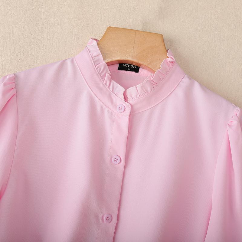 VONDA Elegant Women Casual Ruffled Stand Collar Long Sleeve Solid Color Buttons Blouse