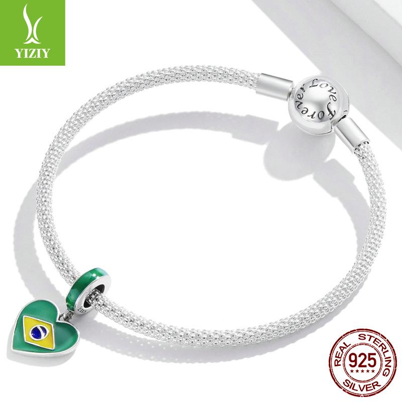 S925 Silver Brazilian Flag Heart Pendant with Green Enamel Drip