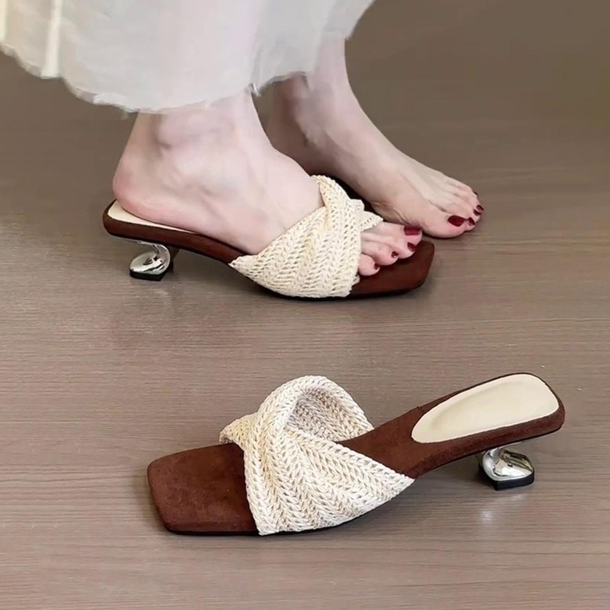 Square head woven word with high heels cool slippers temperament retro vacation style sandals women 40