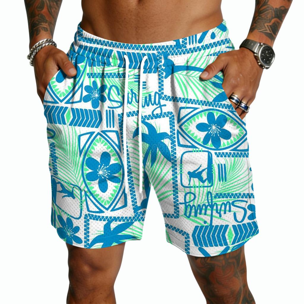 Men's Casual Drawstring Shorts Lightweight Quick Dry Five Inch Inseam Hawaiian Print Beachwear Swim Trunks with Elastic Waistband