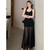 Temperament Style Black Cool Art Stitching Fake Two-piece Mesh Camisole Dress for Women