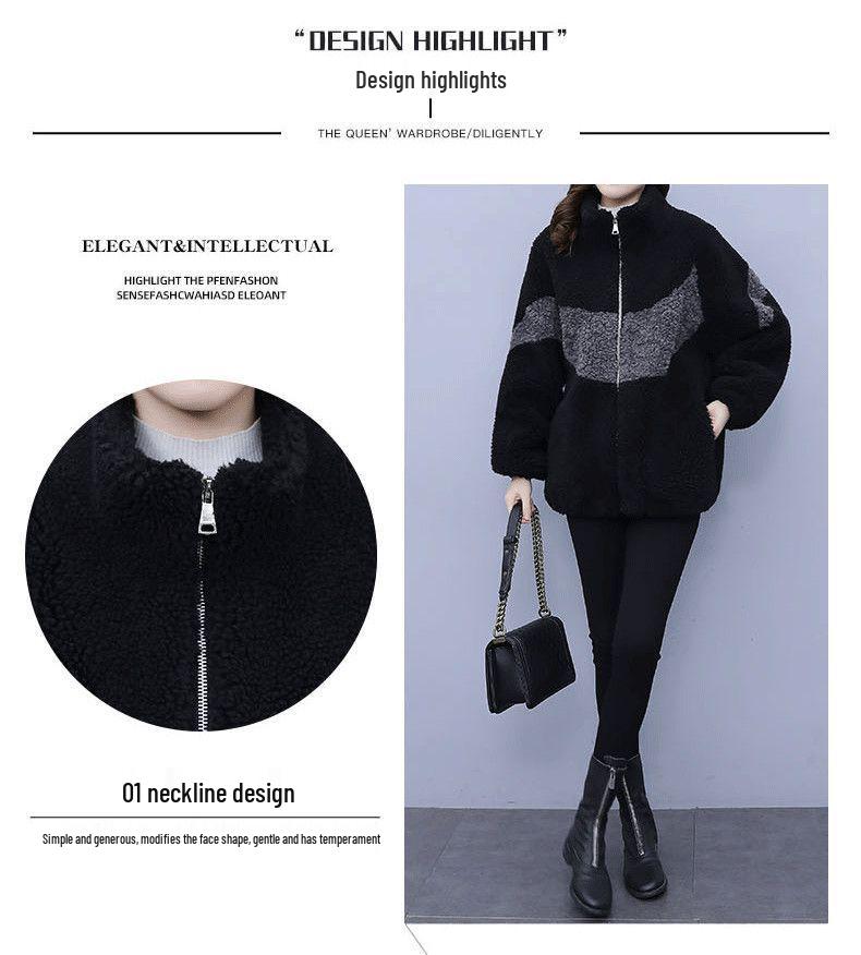 Women's Plus Size Color Block Fleece Coat - Lamb Wool One-Piece, Autumn & Winter Fashion