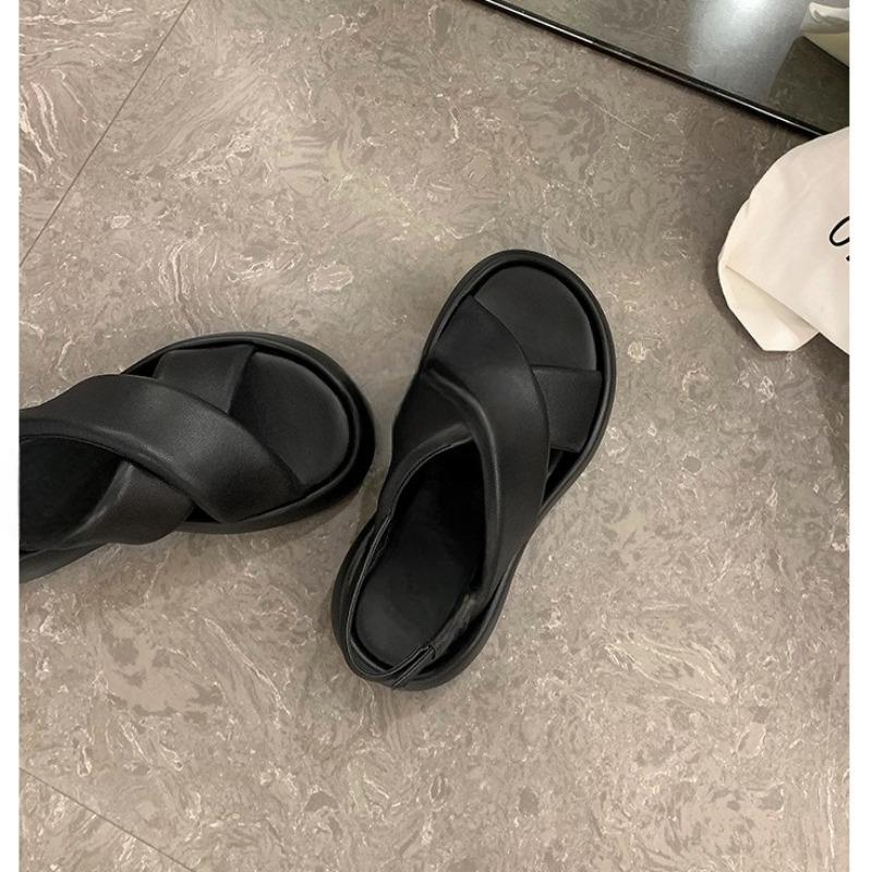 Shei Yiqing Summer~ Lambskin thick-soled cross-buckle with bubble bread casual sandals women's summer