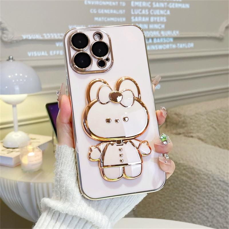 Lovely Rabbit Makeup Mirror Bracket Holder Plating Phone Case For Iphone 13 14pro 12 11pro Max X Xr Xs Protective Phone Holder