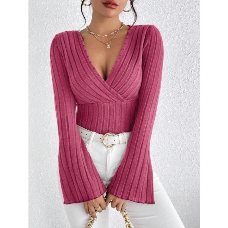 Autumn and Winter Pit Strip V-neck Slimming Long Sleeve Women's T-shirts