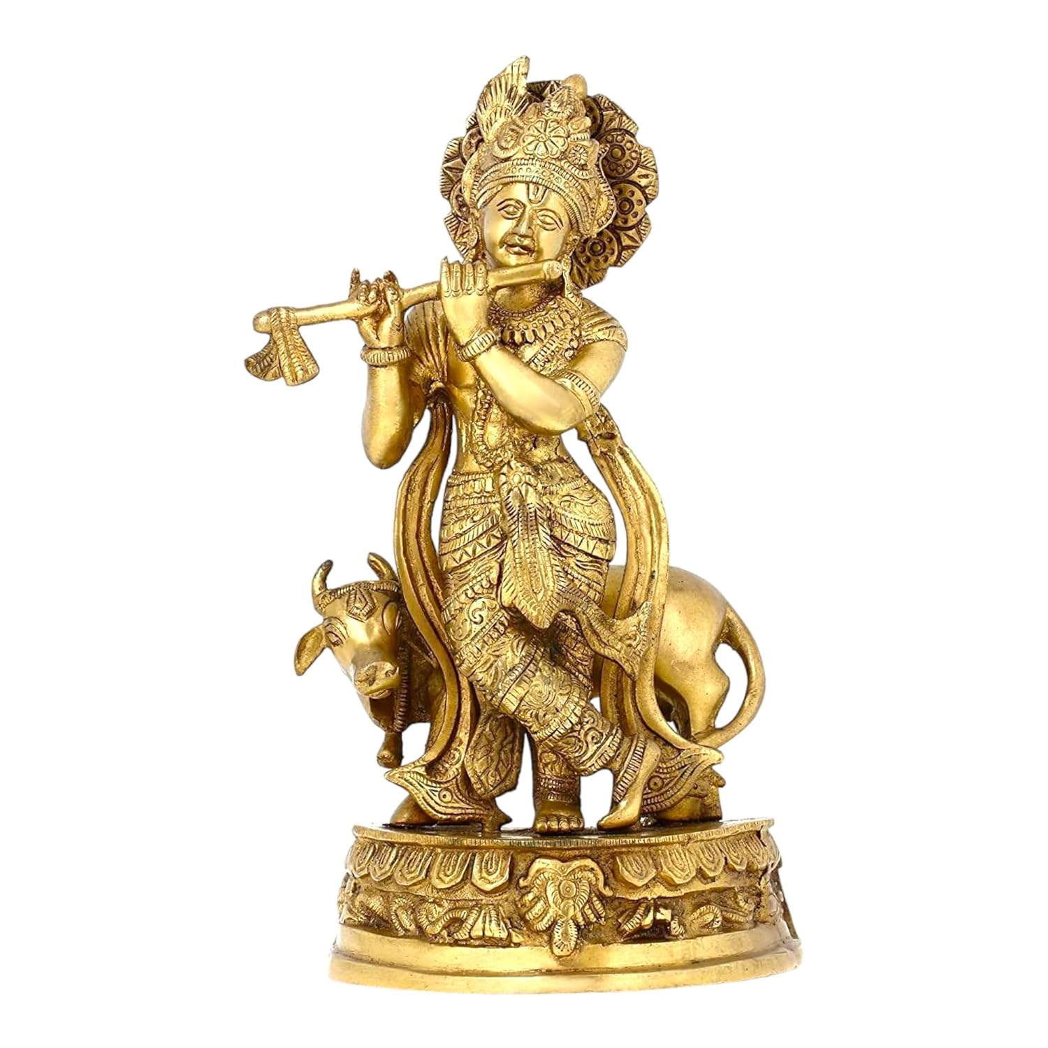 

Ashtadhatu Brass Lord Krishna With Cow Religious Idol, Gold, Brass - 5 Inch